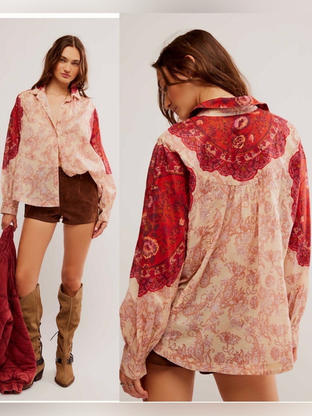 Free People Rose Bud Paisley Cotton Button Up Boho Blouse , Medium
